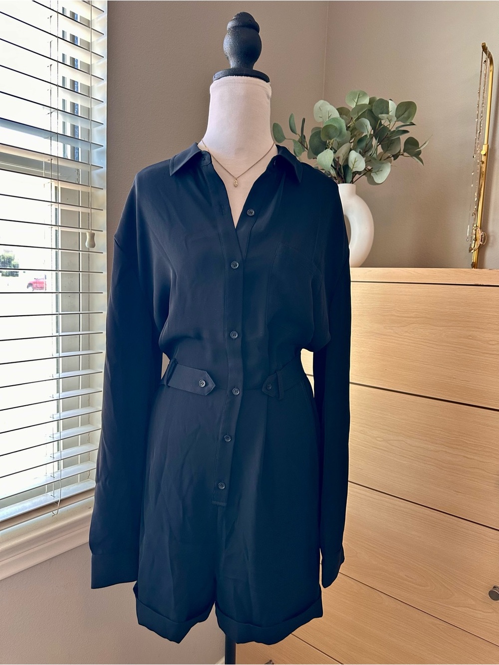 Black Button-Front Long Sleeve Romper
